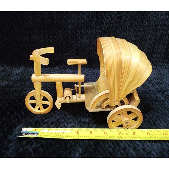 Vintage Bamboo Rickshaw Model | Handcrafted Decorative Tricycle Cart Collectible - Picture 6 of 7